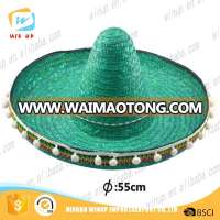 Wholesale OEM Green Mexico Spanish Straw Hat Sombrero Hat for Men with White Pom Pom