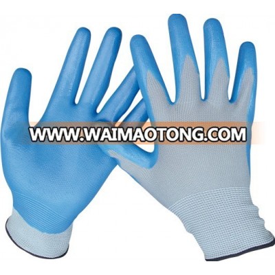 Industrial work Nylon Liner Blue Nitrile Coated Gloves